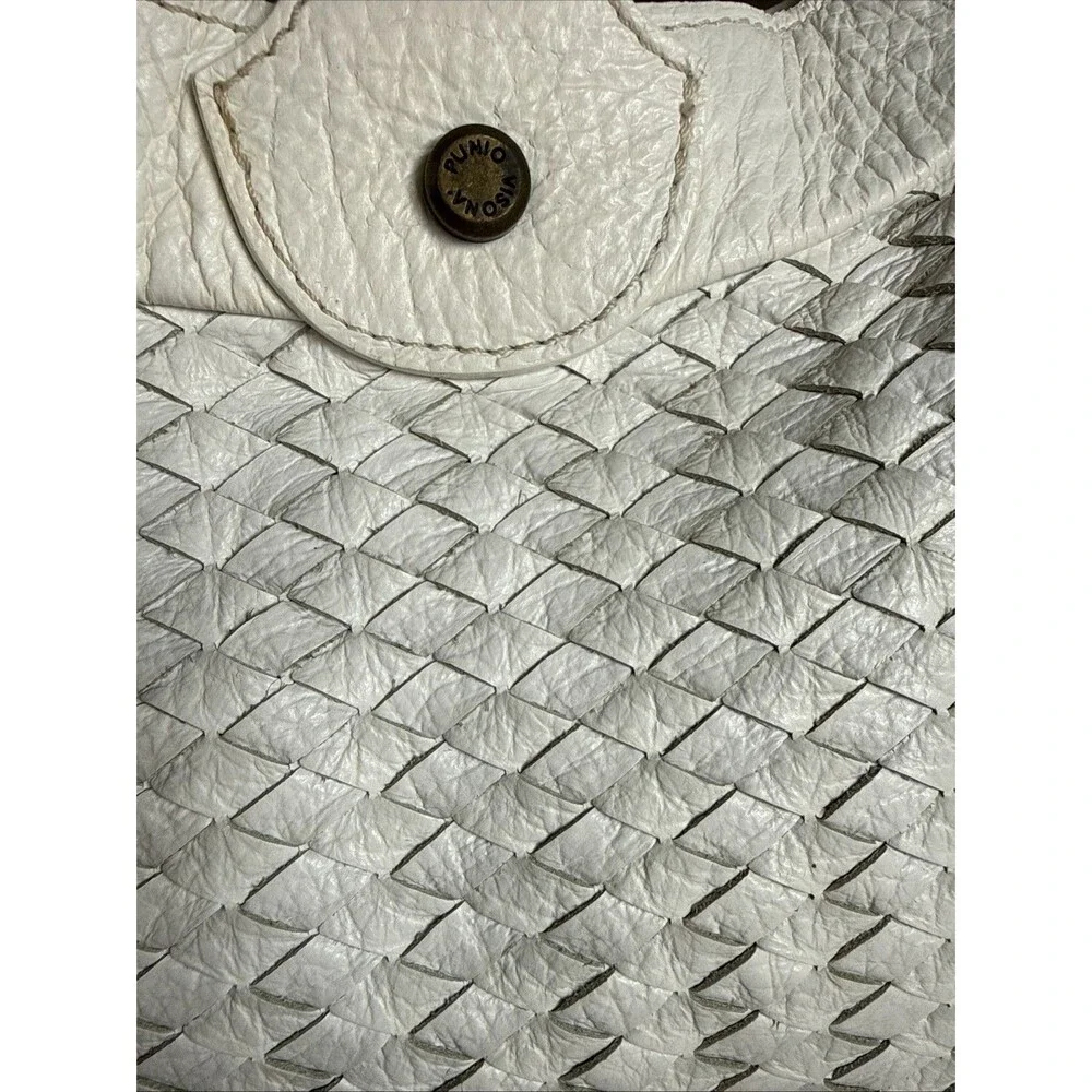 Plinio Visona Italy White Woven Leather Hobo Bag Tote Brass Studs Bottega Style